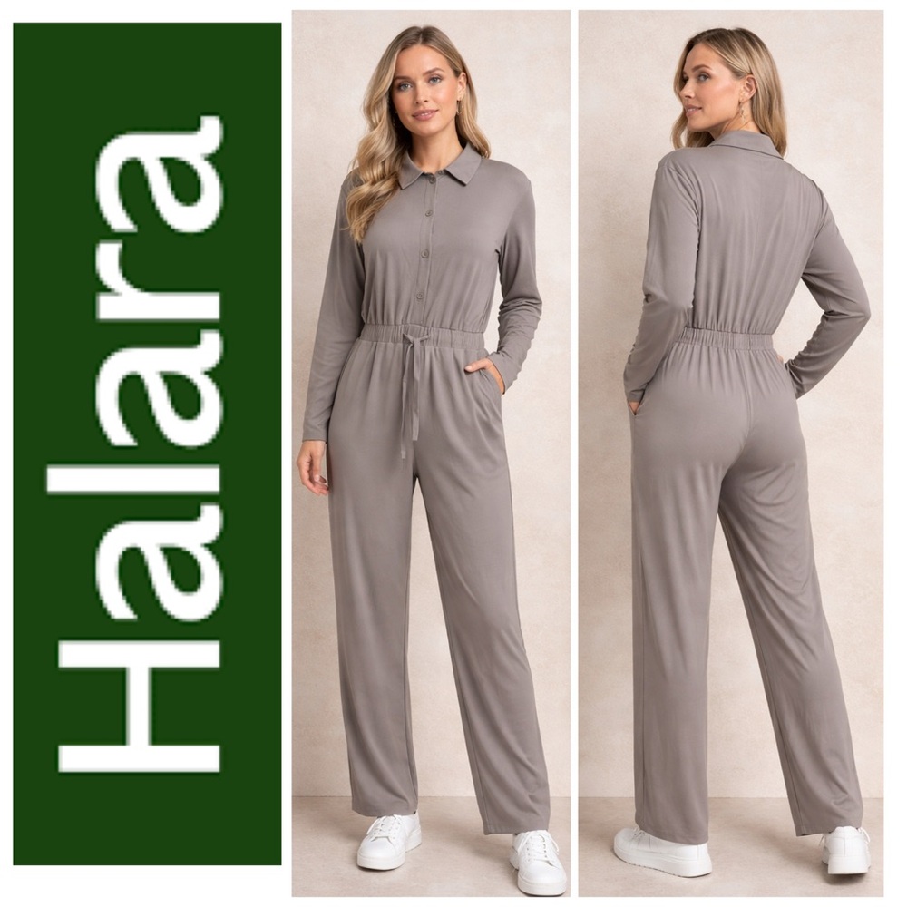 HALARA Grey L/S Waffle Fabric Drawstring Wide Leg Women’s Jumpsuit with Pockets